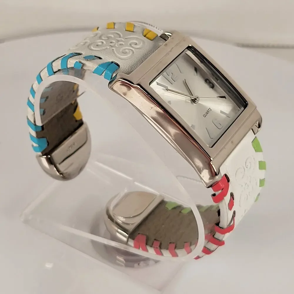 Silver Quartz Watch with Embossed Cuff White Leather Strap and Multicolor Design